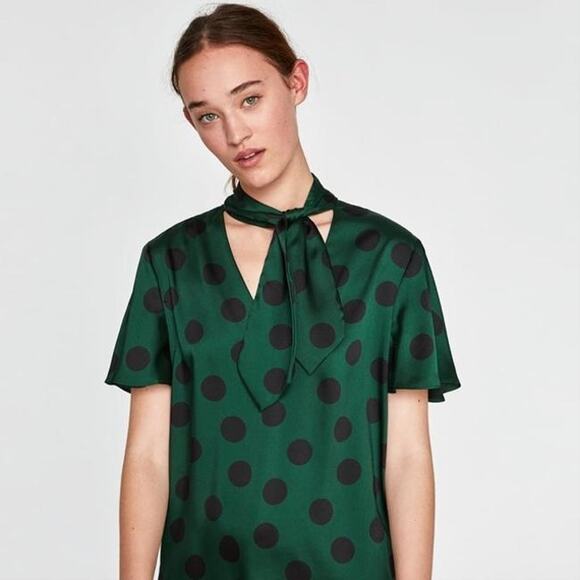 Zara Womens Blouse Size Medium Silky Polka‎ Dot Bow Necktie Green Black NEW - Picture 3 of 9